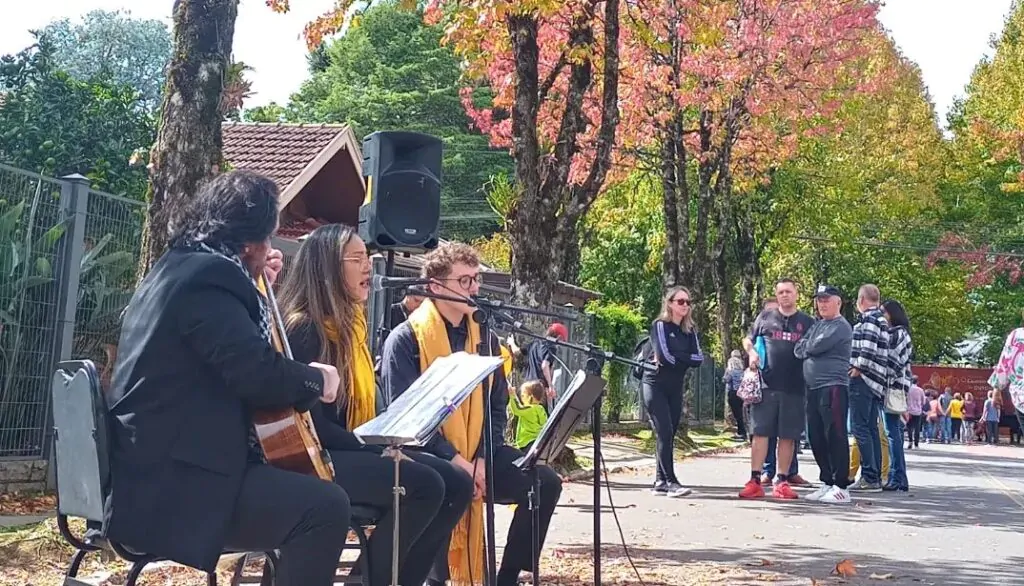 Pessoas observando as apresentações de bandas na rua