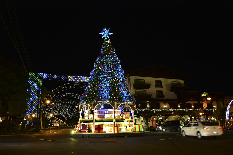 Rotatória da Av. Borges de Medeiros com árvore de natal, foto noturna.